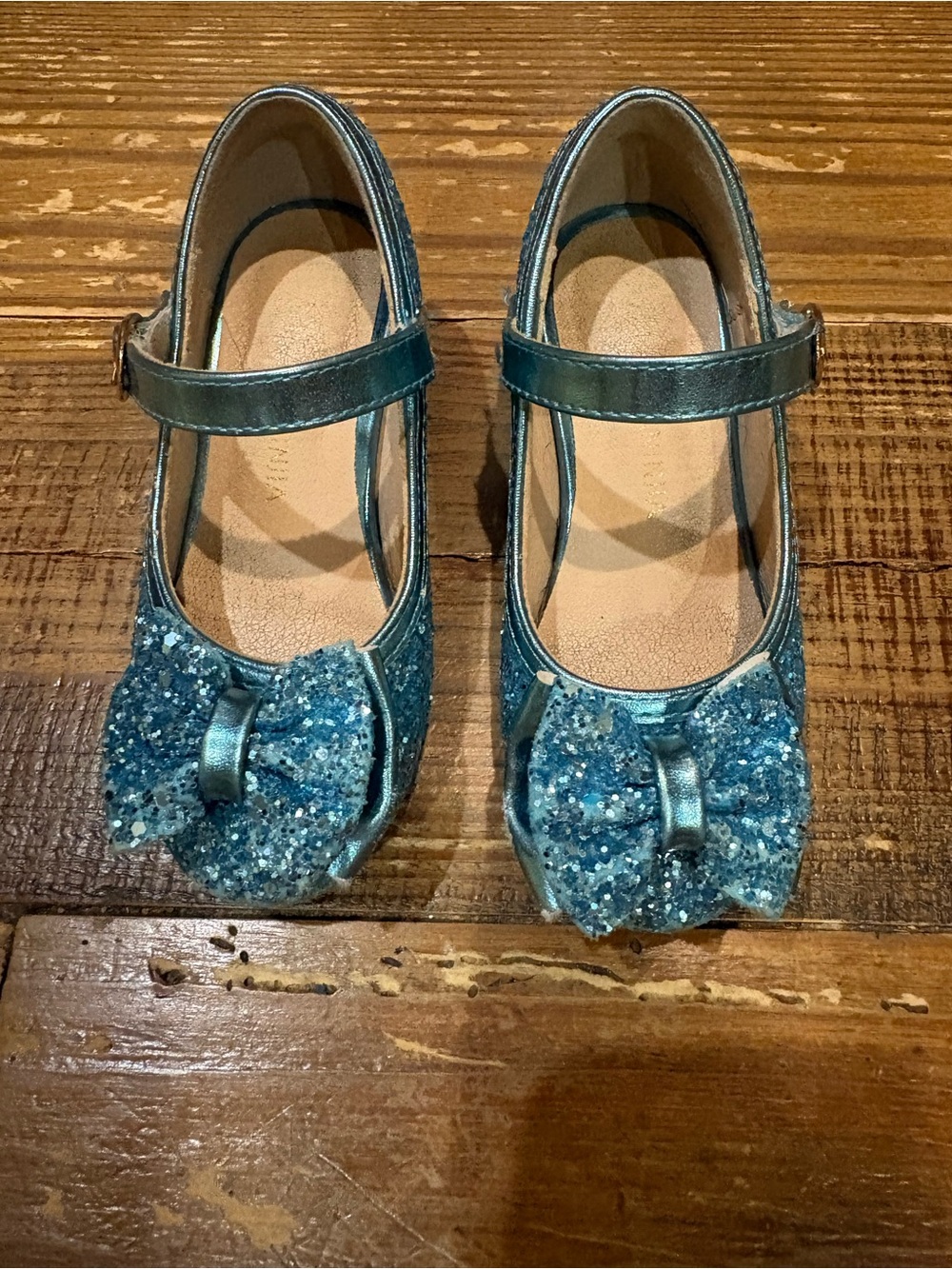Glitter Bow Mary Jane Dress Shoes for Girls in Teal Blue